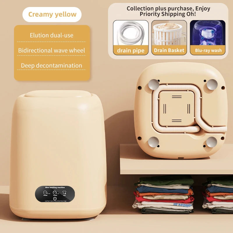 Vista posteriore della mini lavatrice Driply con accessori: tubo di scarico, cestello, tecnologia luce blu



