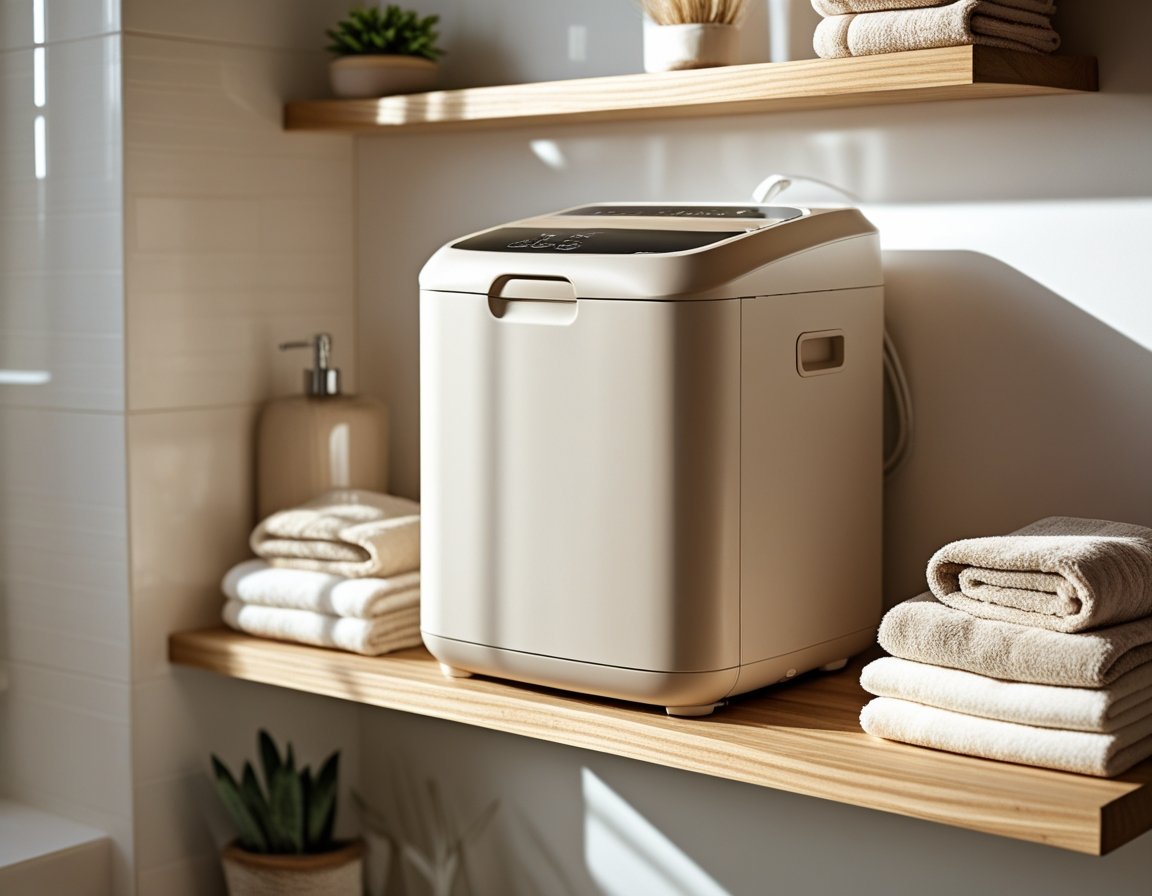 Mini lavatrice Driply posizionata in un bagno moderno, ideale per case piccole e seconde case