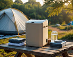 Mini lavatrice Driply da campeggio appoggiata su tavolo con asciugamani, borraccia e tenda sullo sfondo