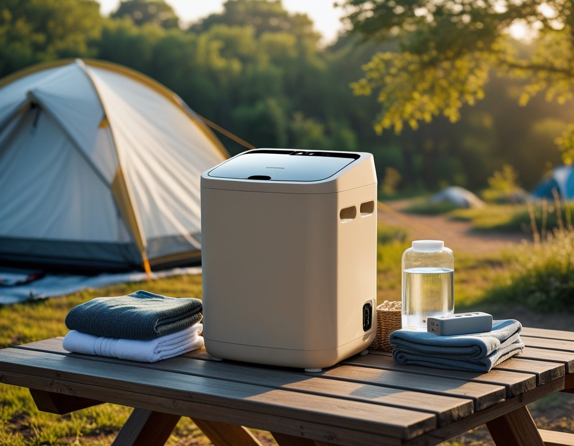 Mini lavatrice Driply da campeggio appoggiata su tavolo con asciugamani, borraccia e tenda sullo sfondo